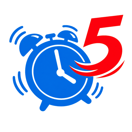 Wake5 blue alarm clock and red number 5 app icon